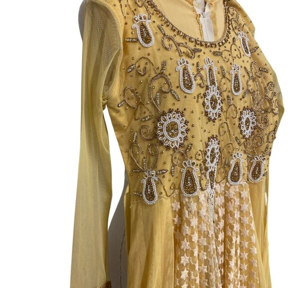 Vintage Yellow Embroidered Anarkali Dress With Beaded Details As Is - Picture 3 of 16